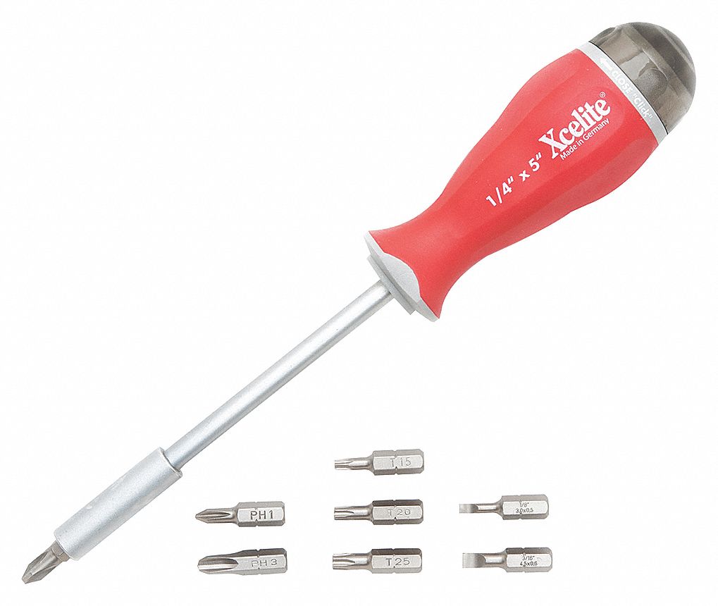 MULTI-BIT SCREWDRIVER, VARIOUS TIPS, ¼ IN DRIVE, ERGONOMIC GRIP, 8 PIECES, SATIN FINISH, 7 IN L