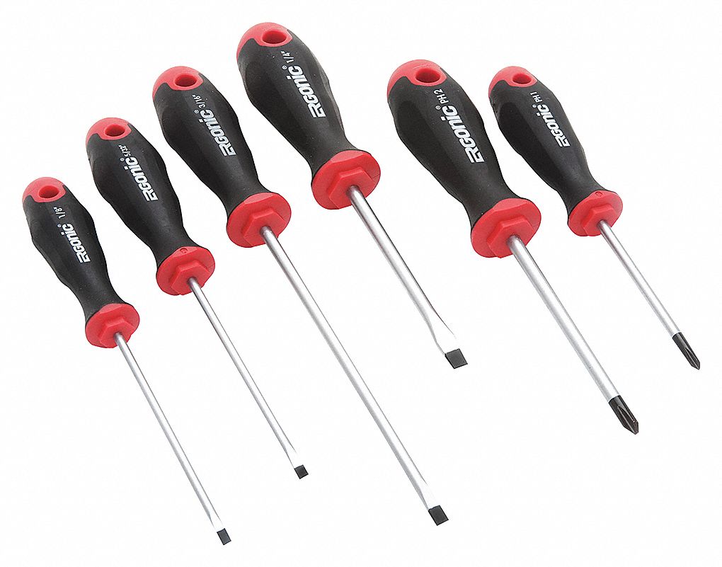 SCREWDRIVER SET, ERGONOMIC, 6 PIECE, SLOTTED & PHILLIPS TIPS,  CHROME-MOLYBDENUM STEEL/PLASTIC