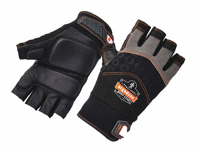 Impact Gloves, Half-Finger, Black, XL, PR