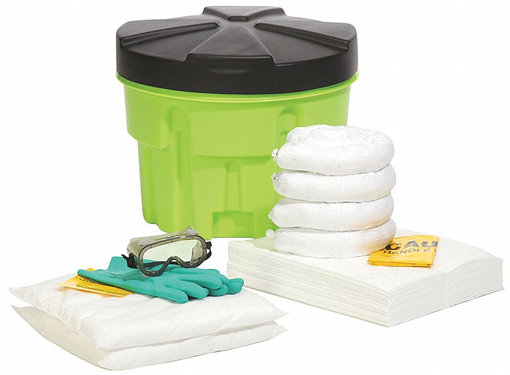 SPILL KIT, 15 GAL ABSORBED PER KIT, PAIR NITRILE GLOVES/SAFETY GOGGLES, BLACK/GREEN