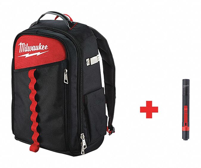 Tool Backpack: 14 in W 18 in H, Polyester, Black/Red, 18 Inside Pockets, Polyester