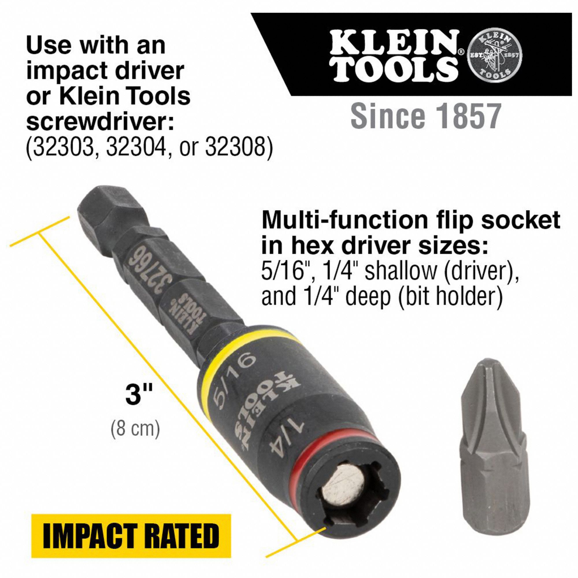 KLEIN TOOLS Impact Flip Socket Set SAE, 1/4 in Drive Size, 3 Pieces