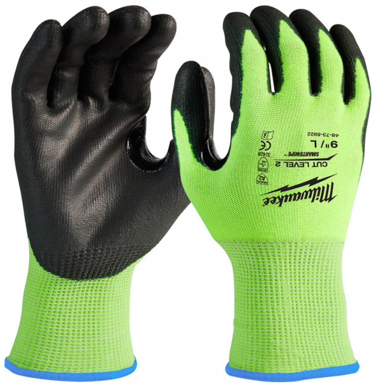 HI-VISIBILITY CUT LEVEL-2 POLYURETHANE DIPPED GLOVES, XL, 9.6 IN, 15 GA