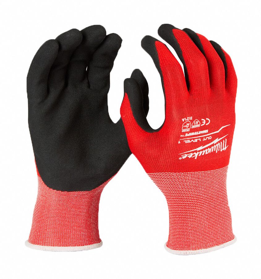 Cut Level 1 Dipped Gloves, XL, PK12: XL ( 10 ), Sandy, Nitrile, Palm, Dipped, Red, 12 PK
