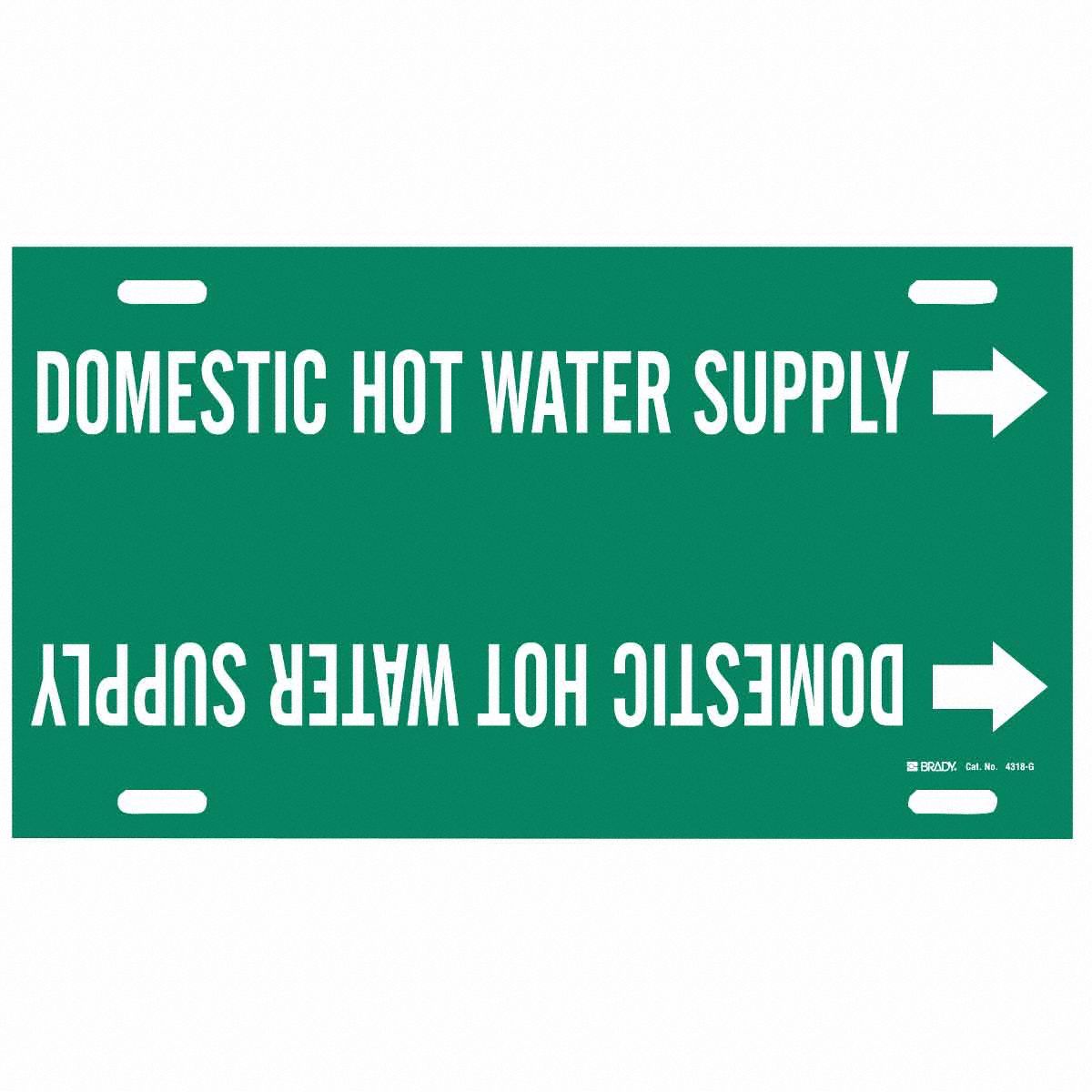 Pipe Marker: Domestic Hot Water Supply, Green, White, Fits 8 to 9 7/8 in Pipe O.D., 1 Pipe Markers
