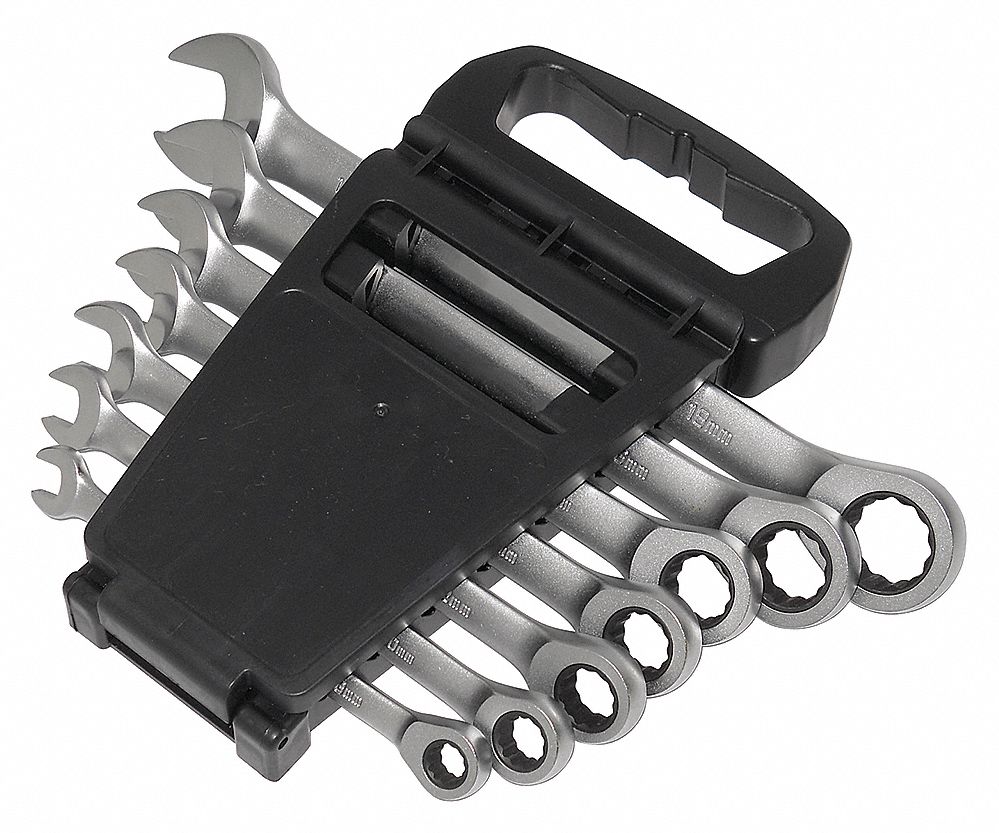COMBINATION WRENCH SET, ALLOY STEEL, SATIN, 7 TOOLS, 8 MM TO 18 MM HEAD SIZES, STANDARD