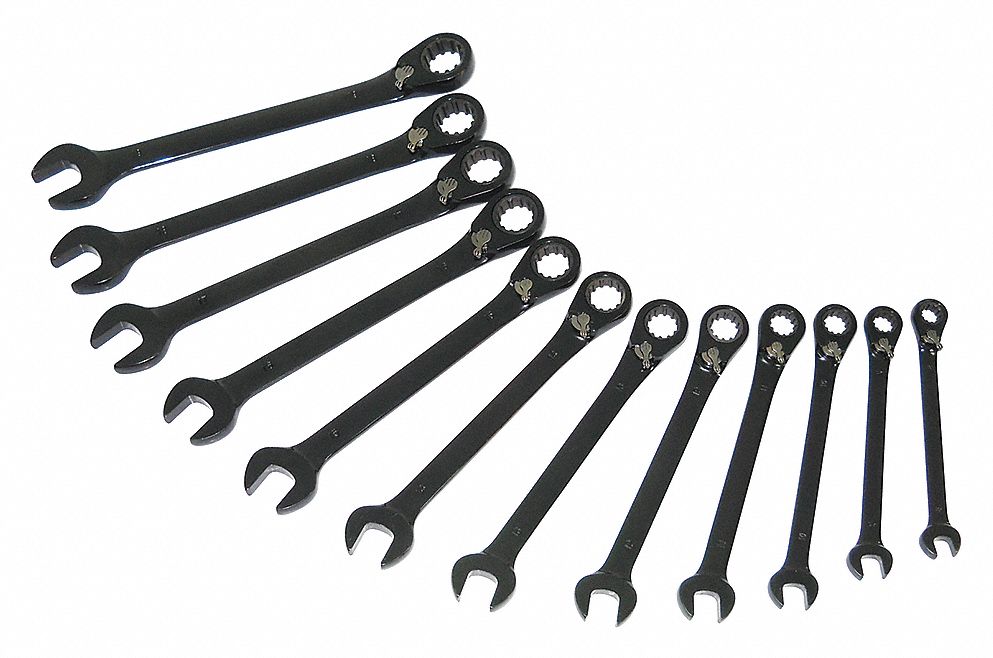 COMBINATION WRENCH SET, ALLOY STEEL, BLACK CHROME, 12 TOOLS, OFFSET, REVERSING, TOOL ROLL