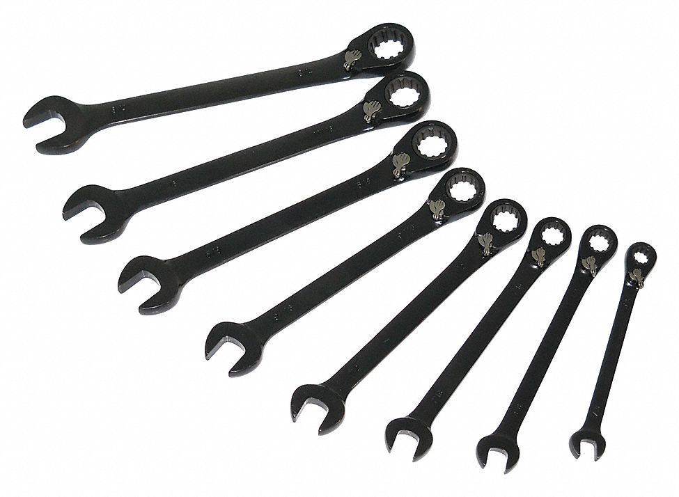 COMBINATION WRENCH SET, ALLOY STEEL, BLACK CHROME, 8 TOOLS, OFFSET, REVERSING, TOOL ROLL