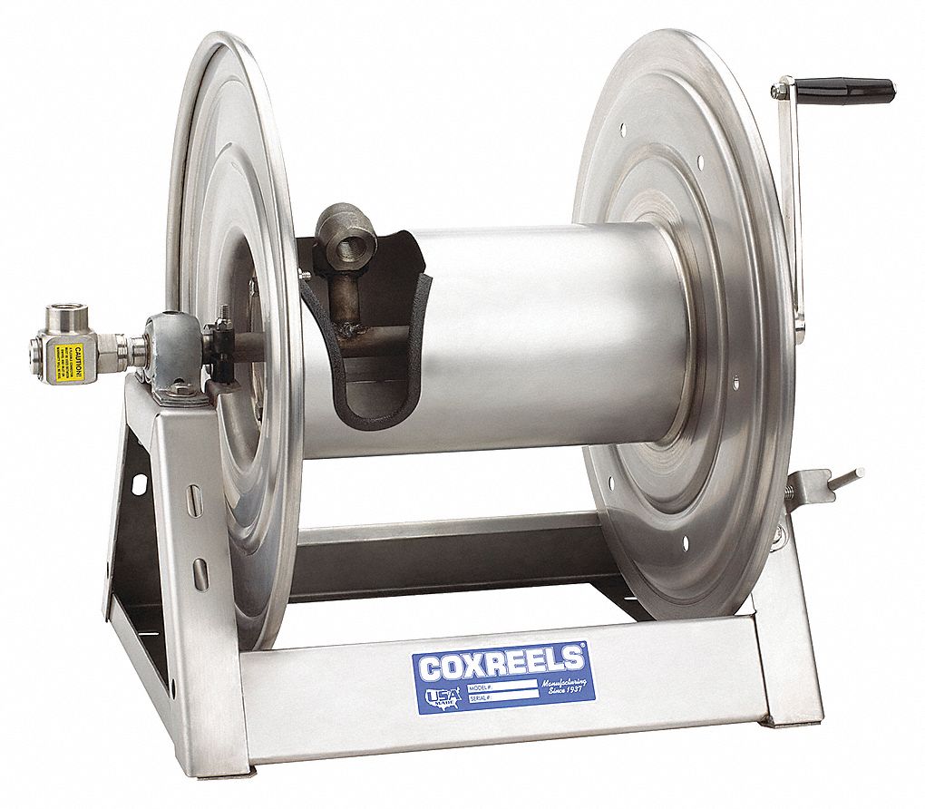 HAND CRANK HOSE REEL: 200 FT (¾ IN I.D.), 17 ⅝ IN L X 17 ⅜ IN W X 18¾ IN H, SILVER