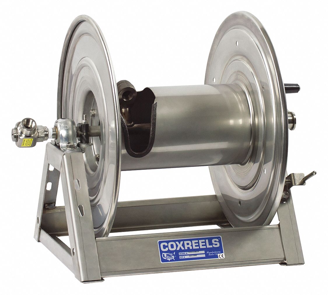 HAND CRANK HOSE REEL: 100 FT (½ IN I.D.), 17 ⅝ IN L X 11 ⅜ IN W X 18¾ IN H, SILVER