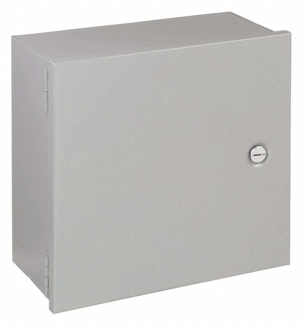 Enclosure: Steel, 10 in x 10 in x 4 in, NEMA 1, Solid Cover, Hinged, Painted