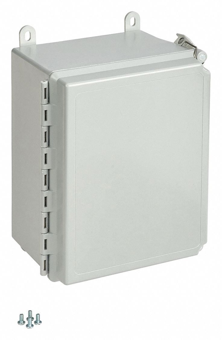 Enclosure: Fiberglass, 12 in x 10 in x 6 in, NEMA 12/13/4/4X, Solid Cover, Hinged, Wall
