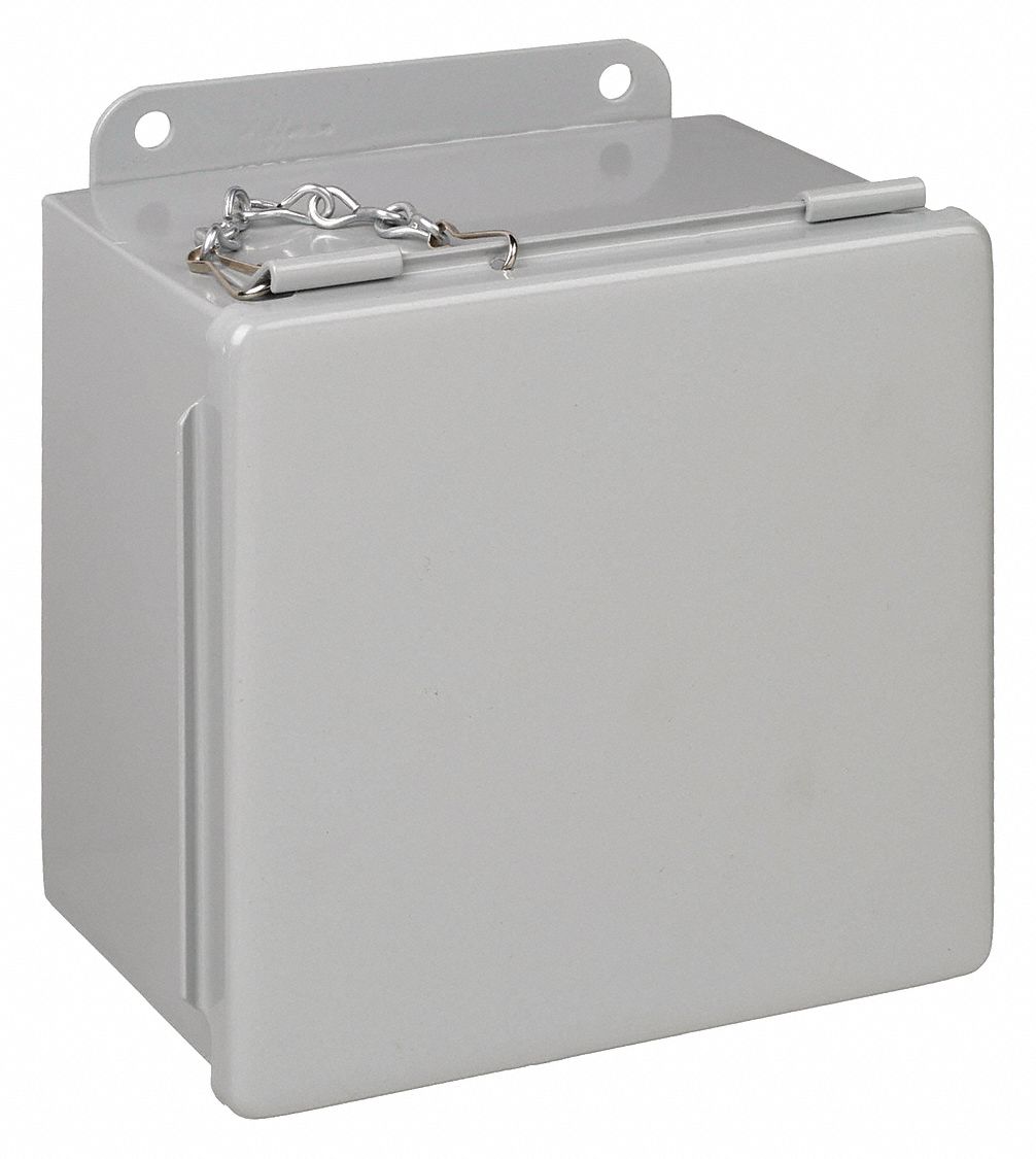 Enclosure: Steel, 6 in x 6 in x 4 in, NEMA 12/13, Solid Cover, Clamp On