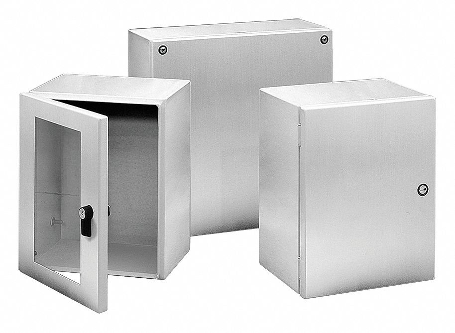 Enclosure: 304 Stainless Steel, 13 in x 11 in x 8 in, NEMA 12/4/4X, Solid Cover, Hinged