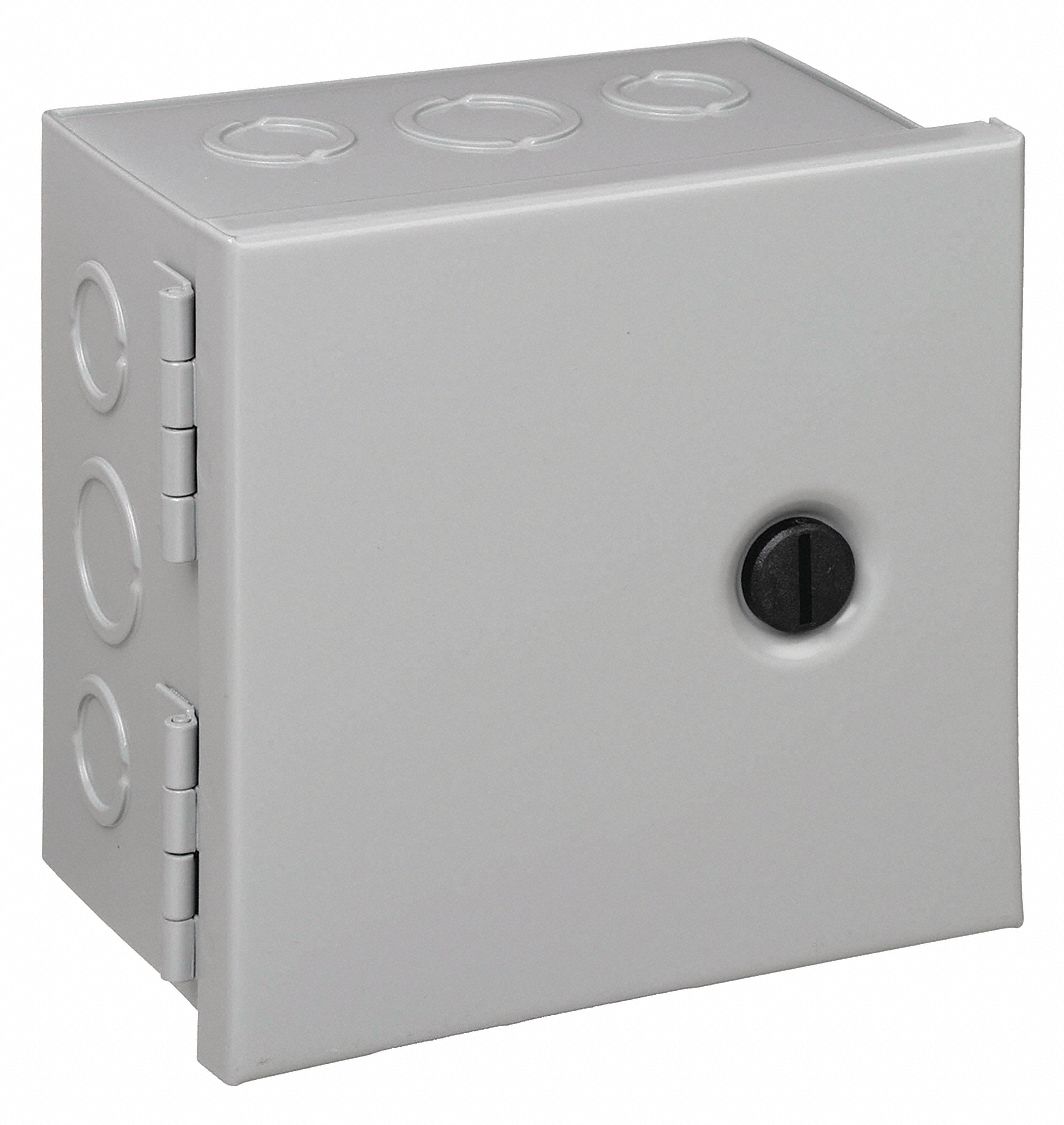 Enclosure: Steel, 6 in x 6 in x 4 in, NEMA 1, Solid Cover, Hinged, Included, Painted