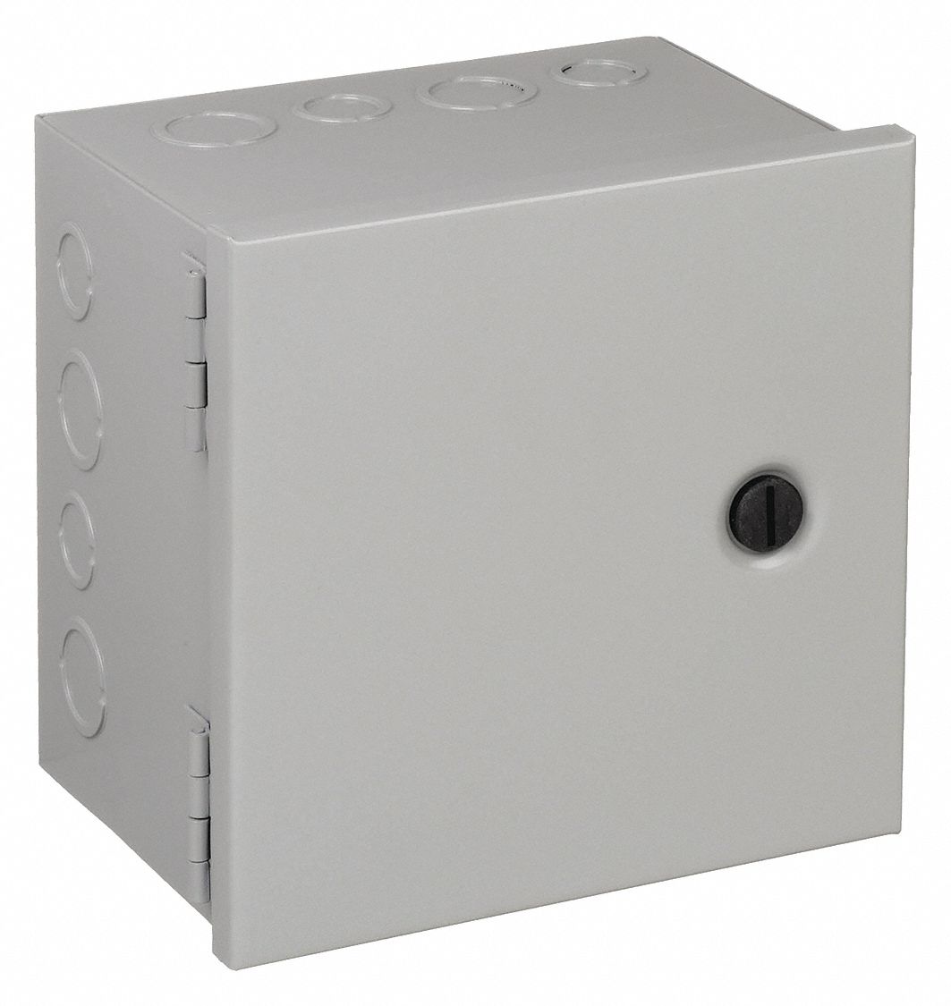 Enclosure: Steel, 8 in x 8 in x 4 in, NEMA 1, Solid Cover, Hinged, Included, Painted