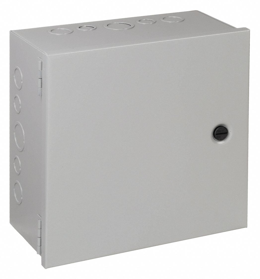 Enclosure: Steel, 12 in x 12 in x 4 in, NEMA 1, Solid Cover, Hinged, Included, Painted