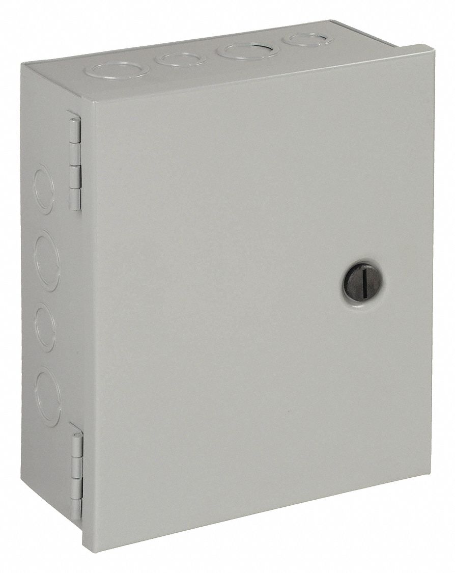 Enclosure: Steel, 10 in x 8 in x 4 in, NEMA 1, Solid Cover, Hinged, Included, Painted