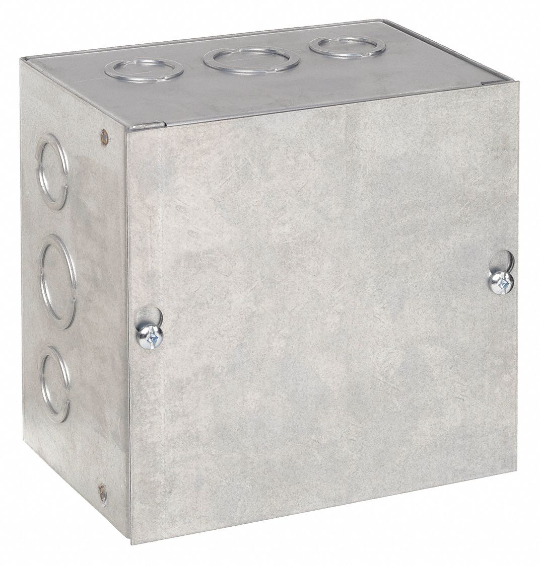 Enclosure: Steel, 6 in x 6 in x 4 in, NEMA 1, Solid Cover, Screw On, Included, Galvanized