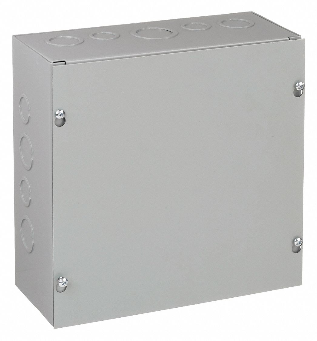 Enclosure: Steel, 10 in x 10 in x 4 in, NEMA 1, Solid Cover, Screw On, Included, Painted