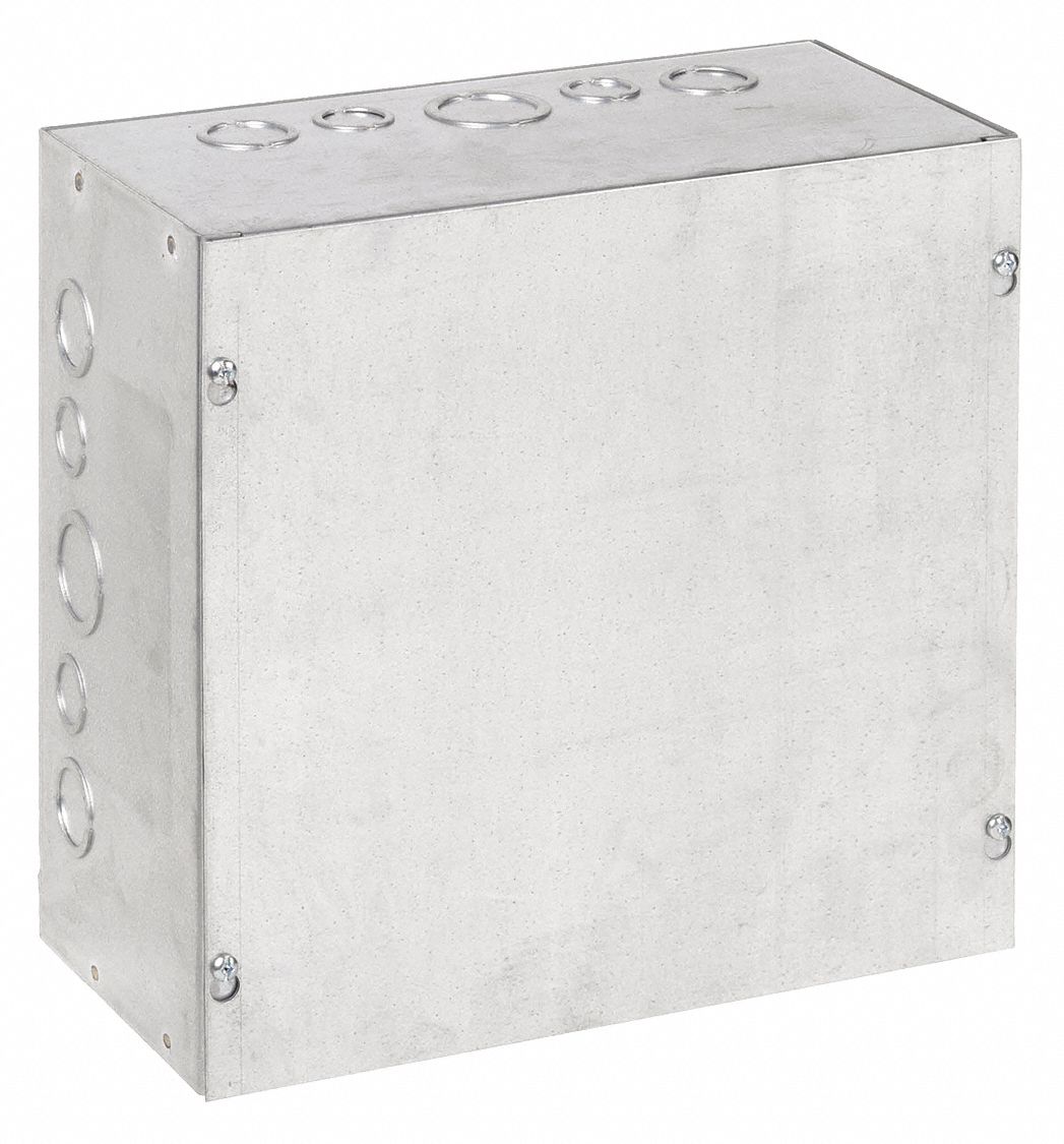 Enclosure: Steel, 12 in x 12 in x 8 in, NEMA 1, Solid Cover, Screw On, Included, Galvanized