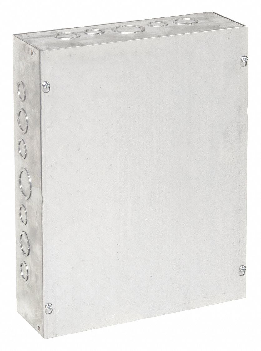 Enclosure: Steel, 16 in x 12 in x 4 in, NEMA 1, Solid Cover, Screw On, Included, Galvanized