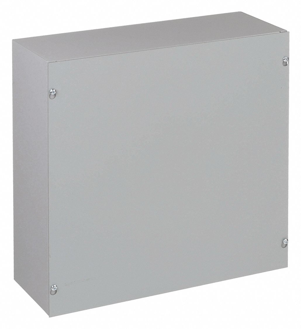 Enclosure: Steel, 15 in x 15 in x 4 in, NEMA 1, Solid Cover, Screw On, Painted