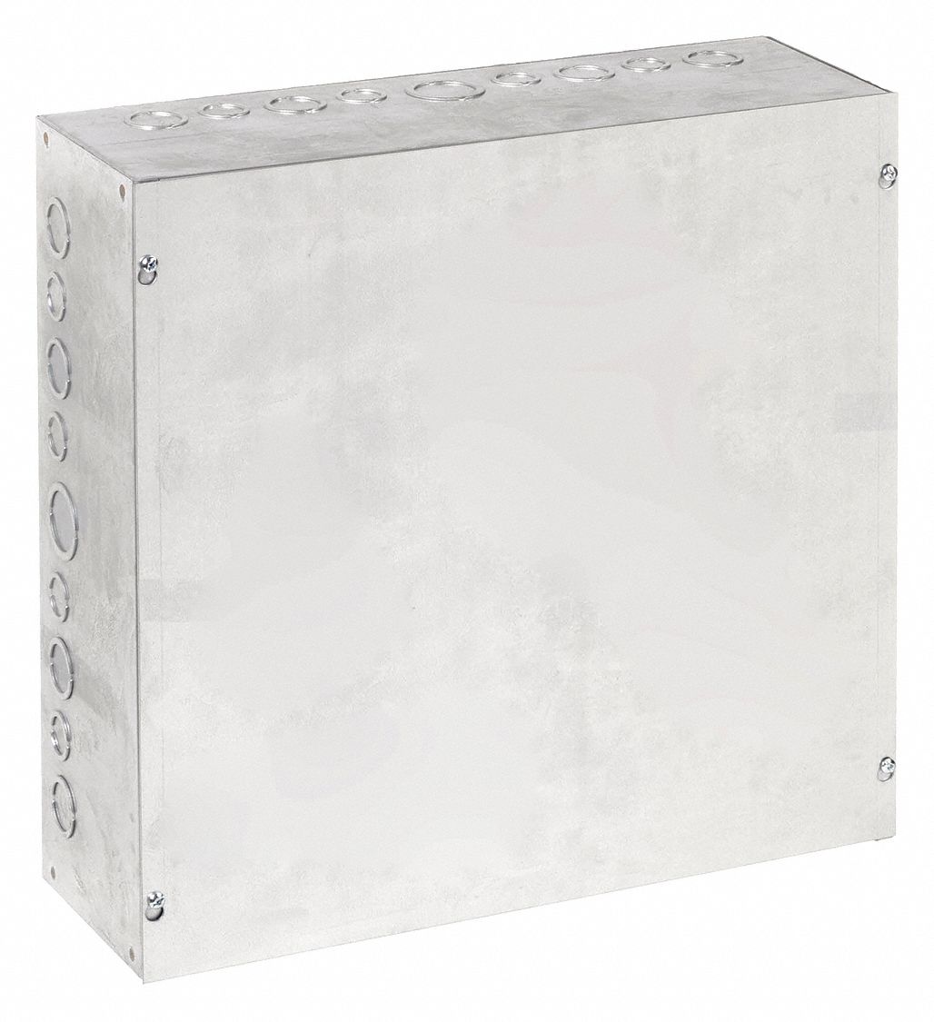 Enclosure: Steel, 18 in x 18 in x 6 in, NEMA 1, Solid Cover, Screw On, Included, Galvanized