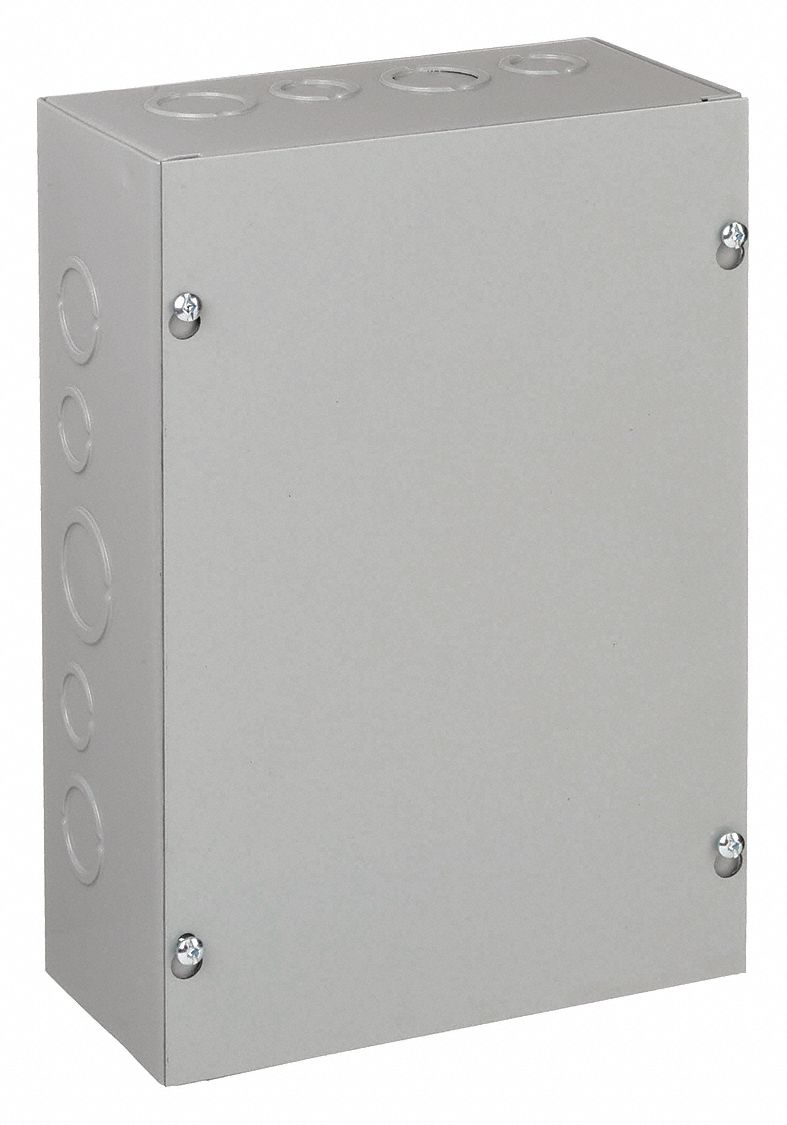 Enclosure: Steel, 10 in x 8 in x 4 in, NEMA 1, Solid Cover, Screw On, Included, Painted