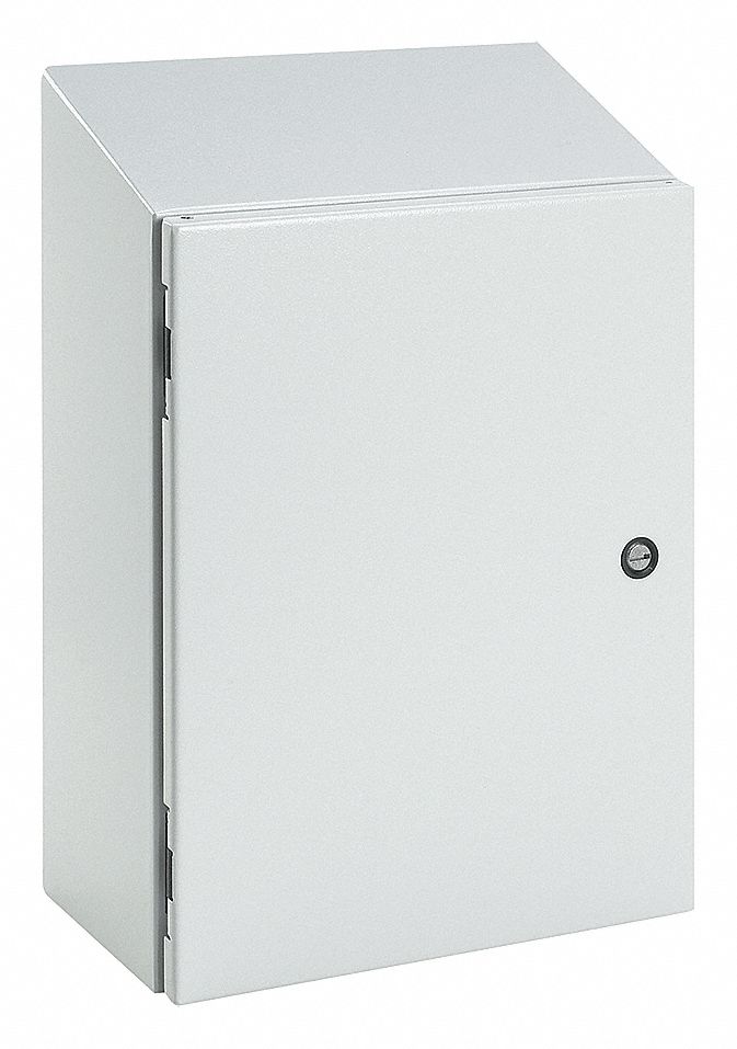 Sloped Top Enclosure: 304 Stainless Steel, 30 in x 24 in x 12 in, NEMA 12/3R/4/4X, Hinged