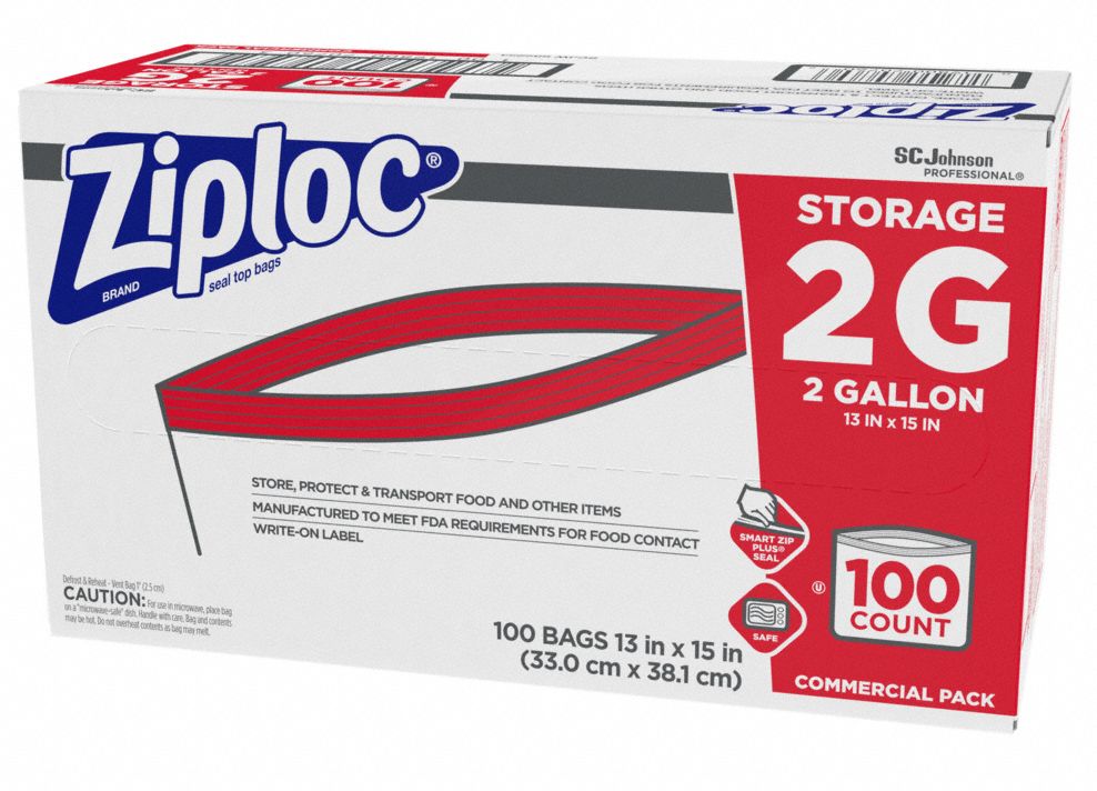 ZIPLOC Reclosable Bag: 1.75 mil Thick, 13 in Wd, 15 in Lg, Flat Pack ...