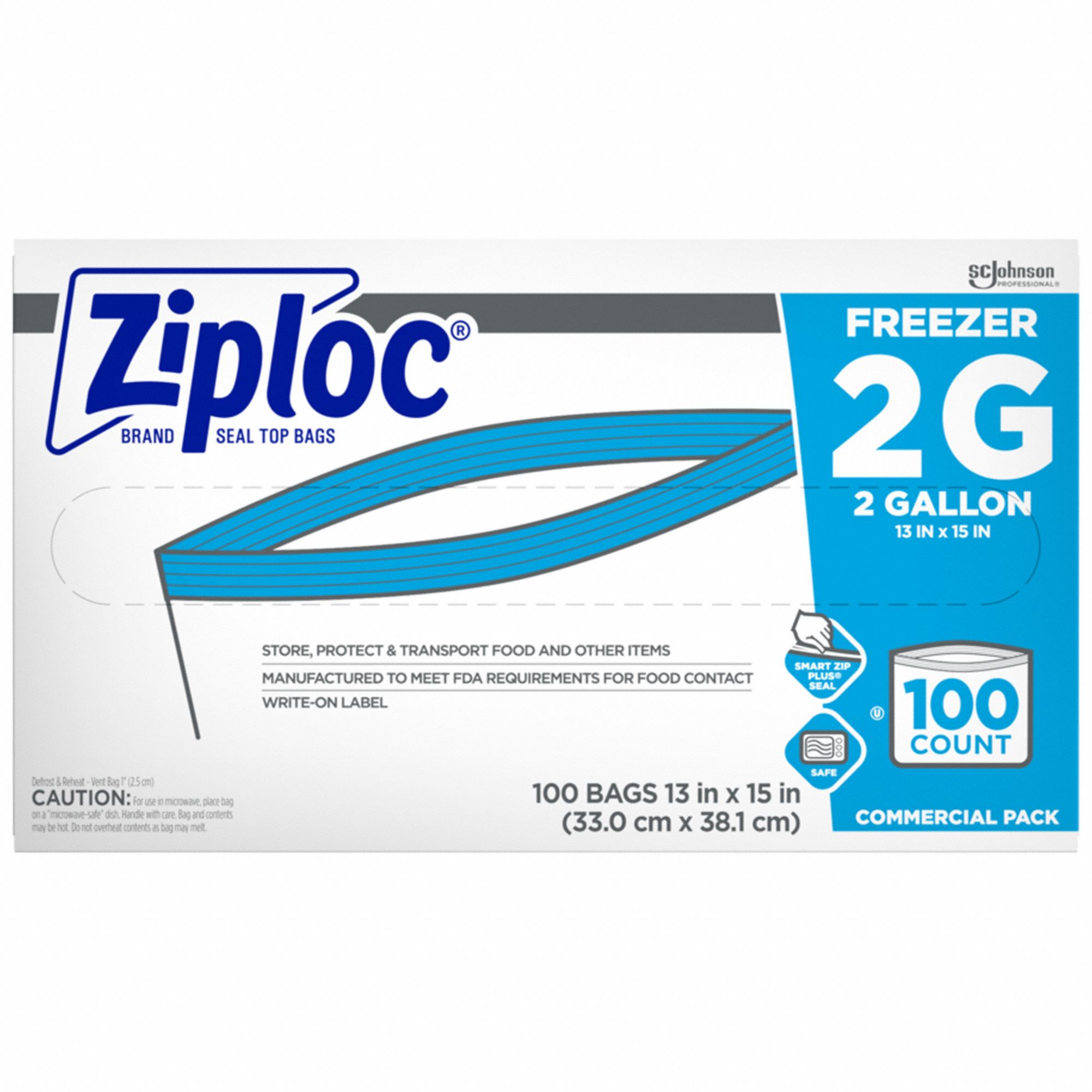 Ziploc Commercial Resealable Freezer Bag, Zipper, 2gal, 13 x 15 1/2, Clear, 100/Carton