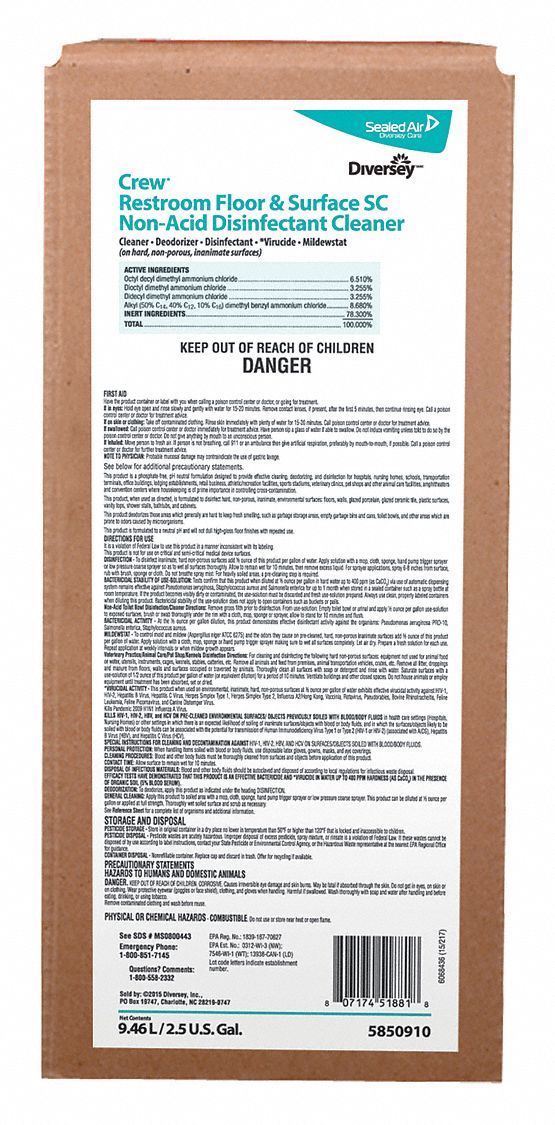 DIVERSEY, Box, 2.5 gal Container Size, Bathroom Cleaner 32GP23