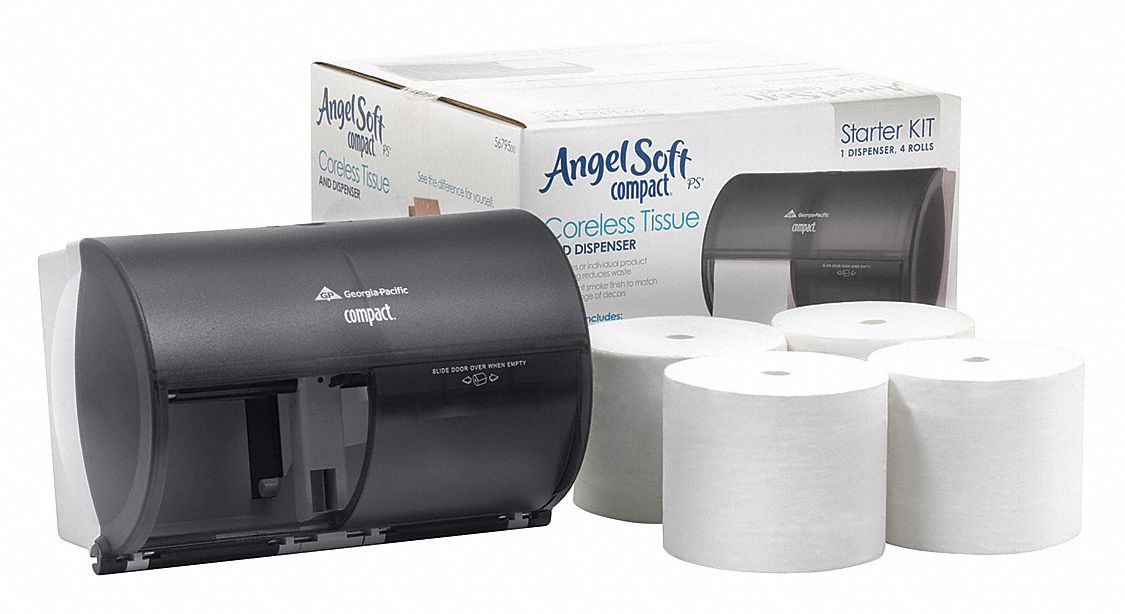 TOILET PAPER DISPENSER, CORELESS, HORIZONTAL DOUBLE ROLL, PLASTIC, SMOKE, COMPACT