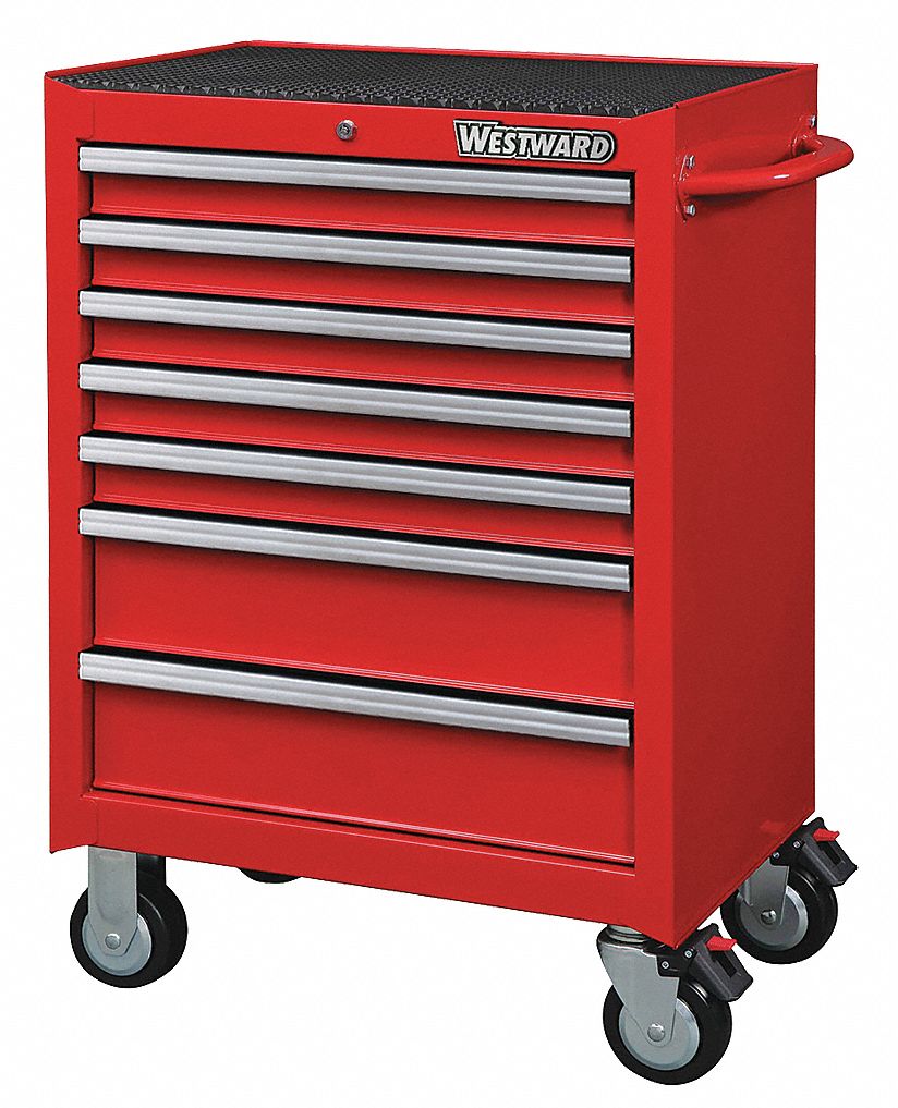 WESTWARD Rolling Tool Cabinet: Gloss Red, 26 3/4 in W x 18 15/16 in D x 39  1/2 in H, Red, 7 Drawers