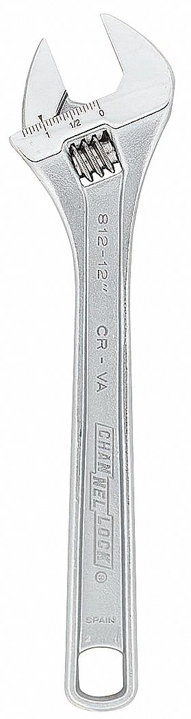 ADJUSTABLE WRENCH, ALLOY STEEL, CHROME, 12 IN OVERALL L, 1 1/2 IN JAW CAPACITY