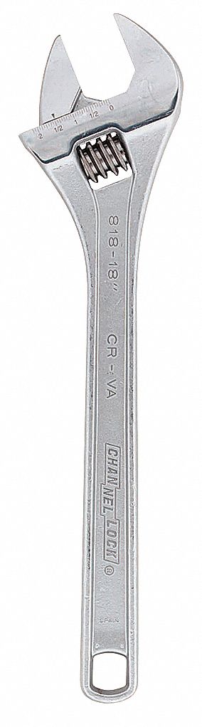 ADJUSTABLE WRENCH, ALLOY STEEL, CHROME, 18 IN OVERALL L, 2 1/8 IN JAW CAPACITY