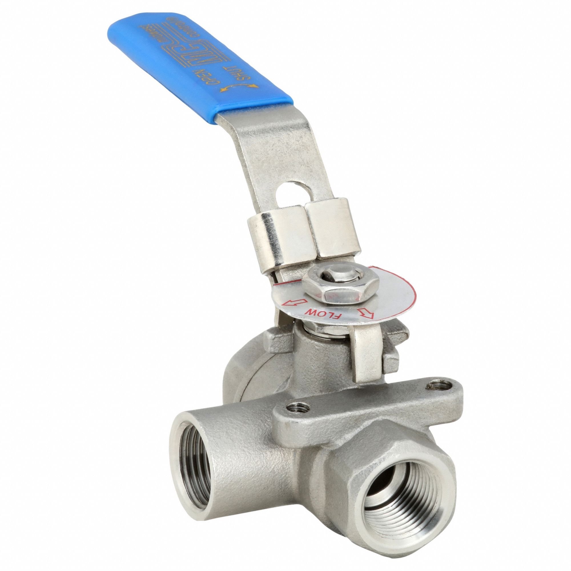Manual Three-Way Ball Valve: 3/8 in, 316 Stainless Steel, L Flow, FNPT x FNPT x FNPT