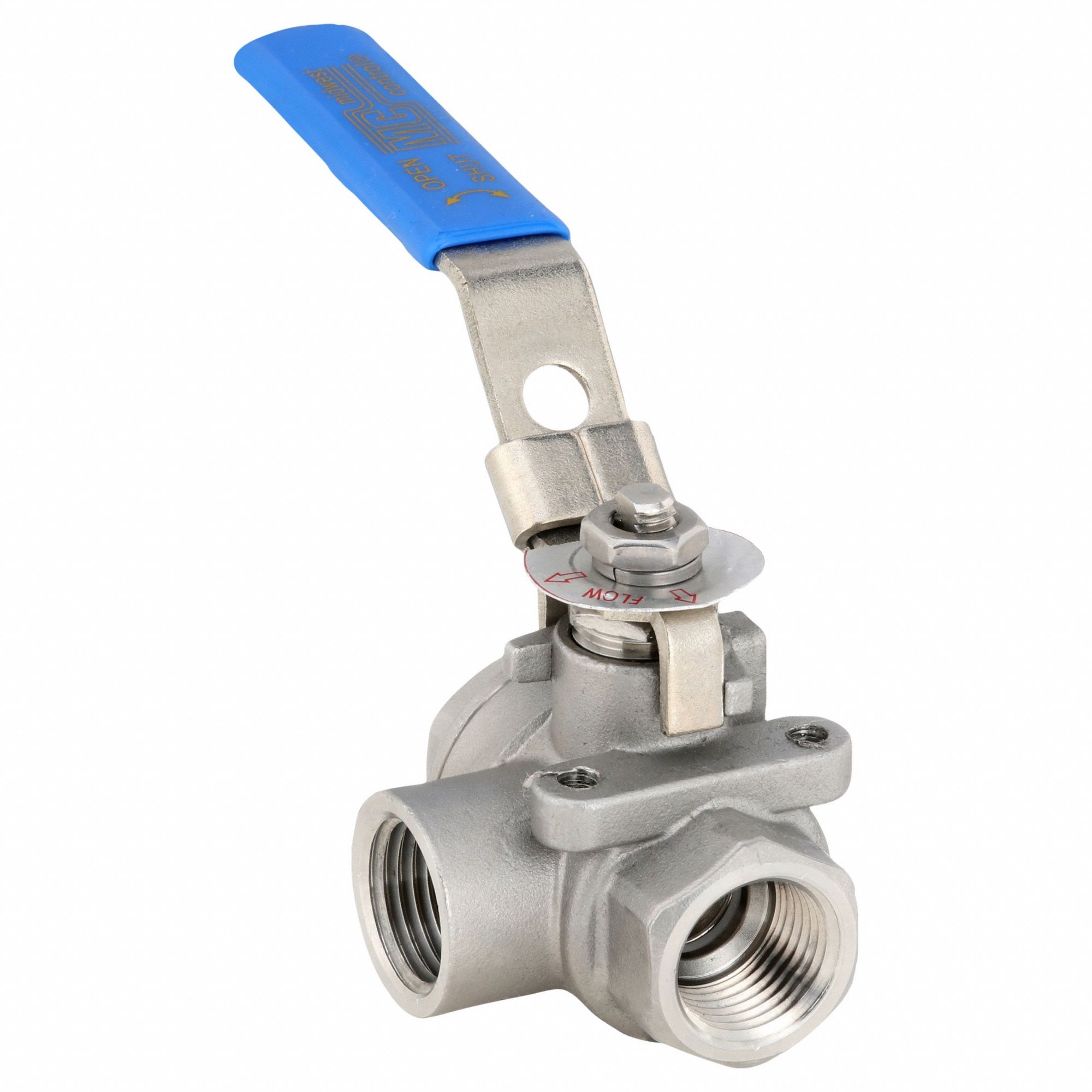Manual Three-Way Ball Valve: 1/2 in, 316 Stainless Steel, L Flow, FNPT x FNPT x FNPT