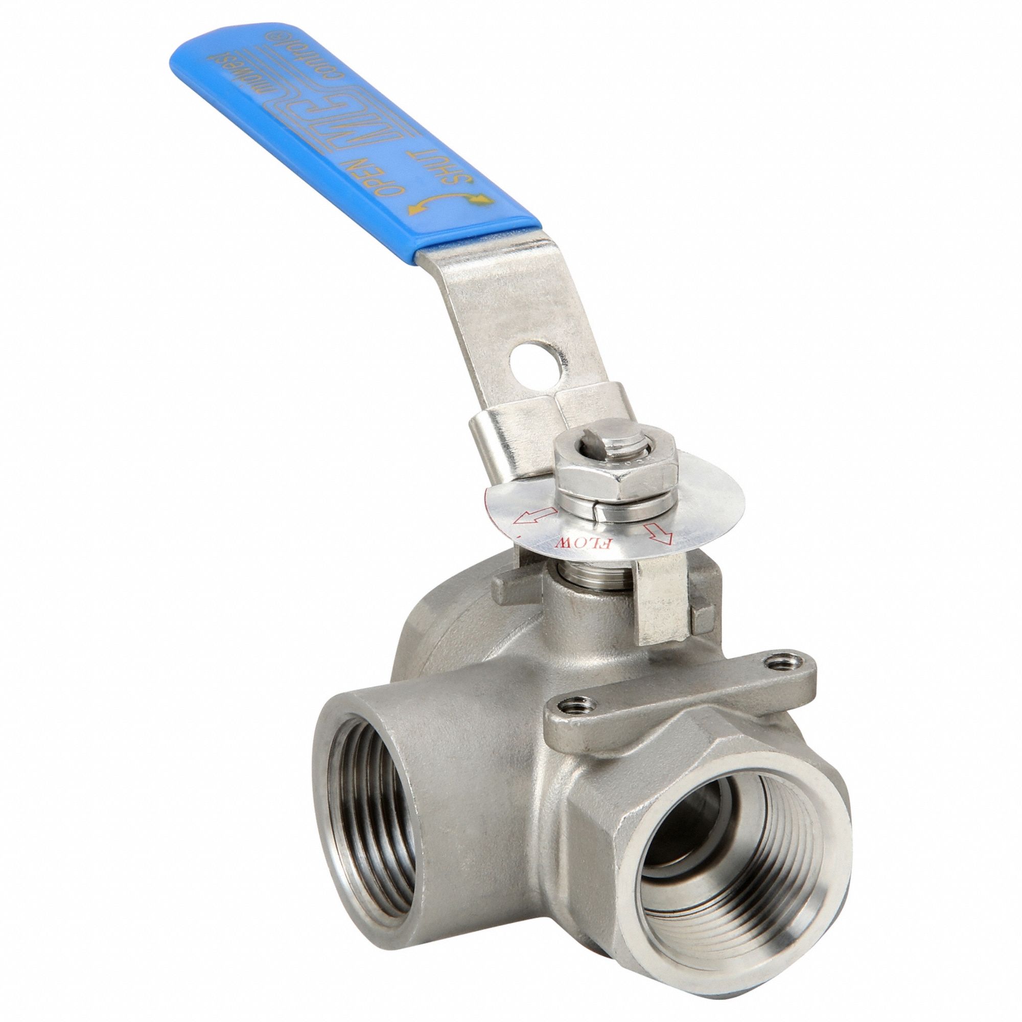 Manual Three-Way Ball Valve: 1 in, 316 Stainless Steel, L Flow, FNPT x FNPT x FNPT