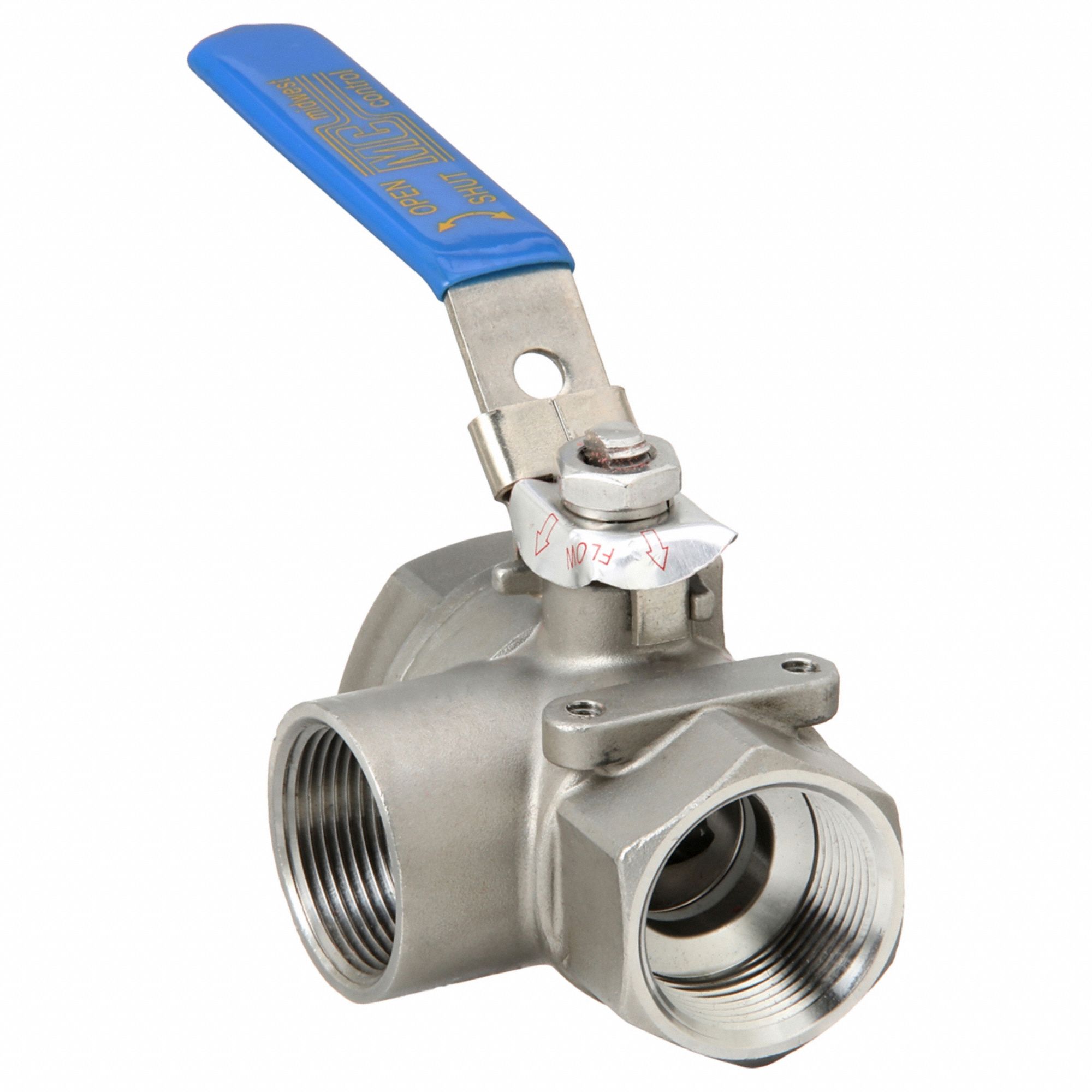 Manual Three-Way Ball Valve: 1 1/4 in, 316 Stainless Steel, L Flow, Two-Piece