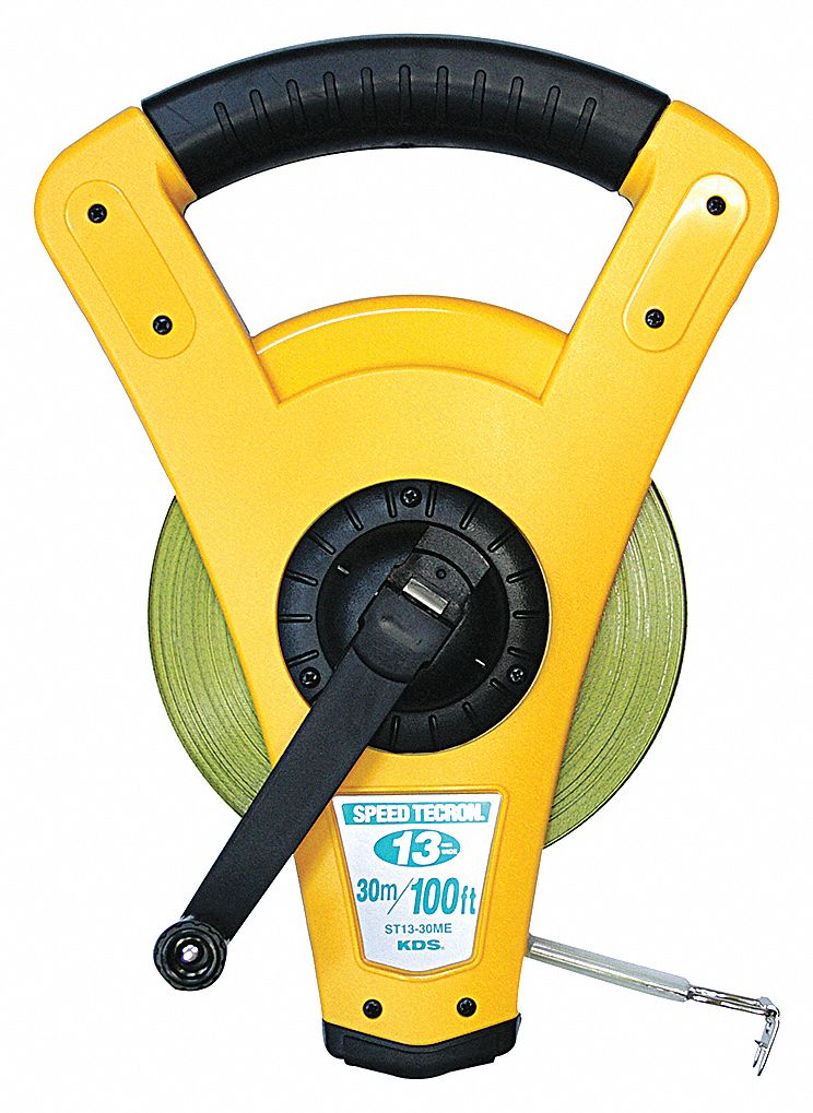 MEASURING TAPE, OPEN REEL,METRIC/IMPERIAL, YELLOW, 100 FT X 1/2 IN, STEEL