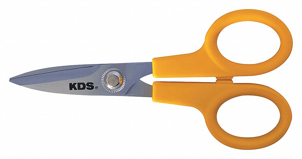 SCISSORS, SERRATED/SHORT PIVOT, YELLOW, 5 1/2 IN L/CUT 1 7/8 IN L, STAINLESS STEEL/ABS