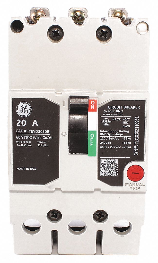 Molded Case Circuit Breaker: 20 A Amps, 25kA at 277/480V AC, Fixed, Lug, ABC, Std