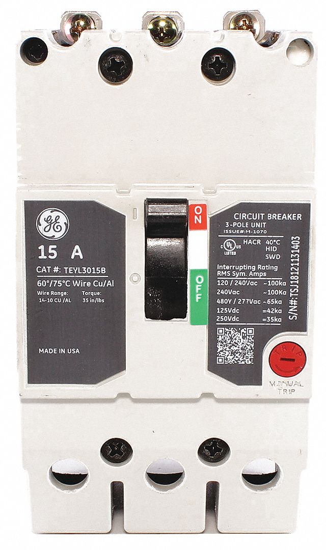 GE, 15 A Amps, 65kA at 277/480V AC, Molded Case Circuit Breaker
