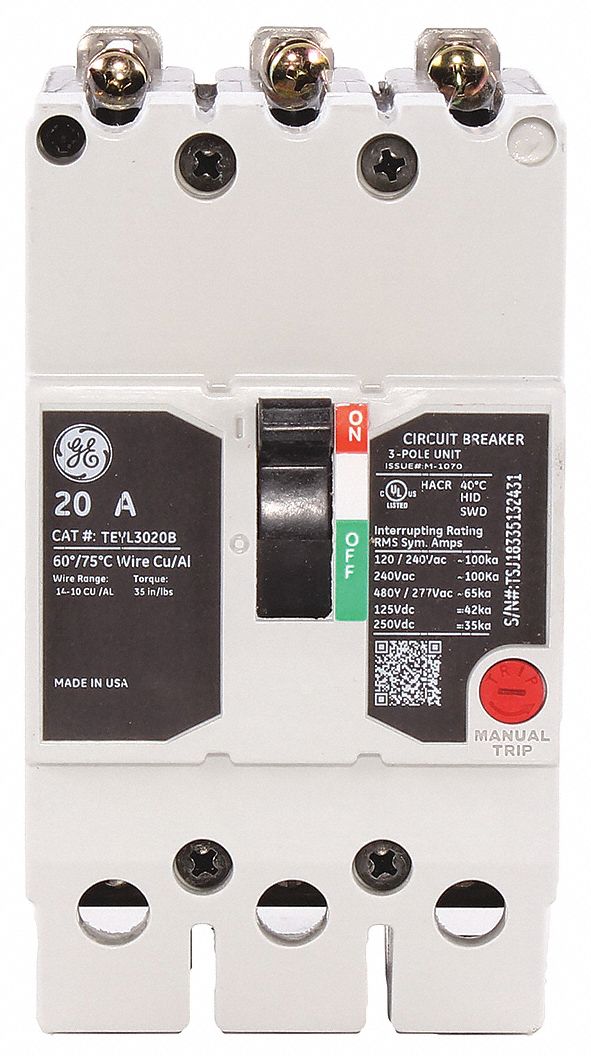 GE, 20 A Amps, 65kA at 277/480V AC, Molded Case Circuit Breaker