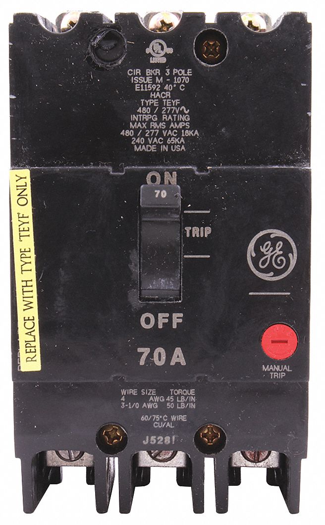 GE, 70 A Amps, 18kA at 277/480V AC, Molded Case Circuit Breaker