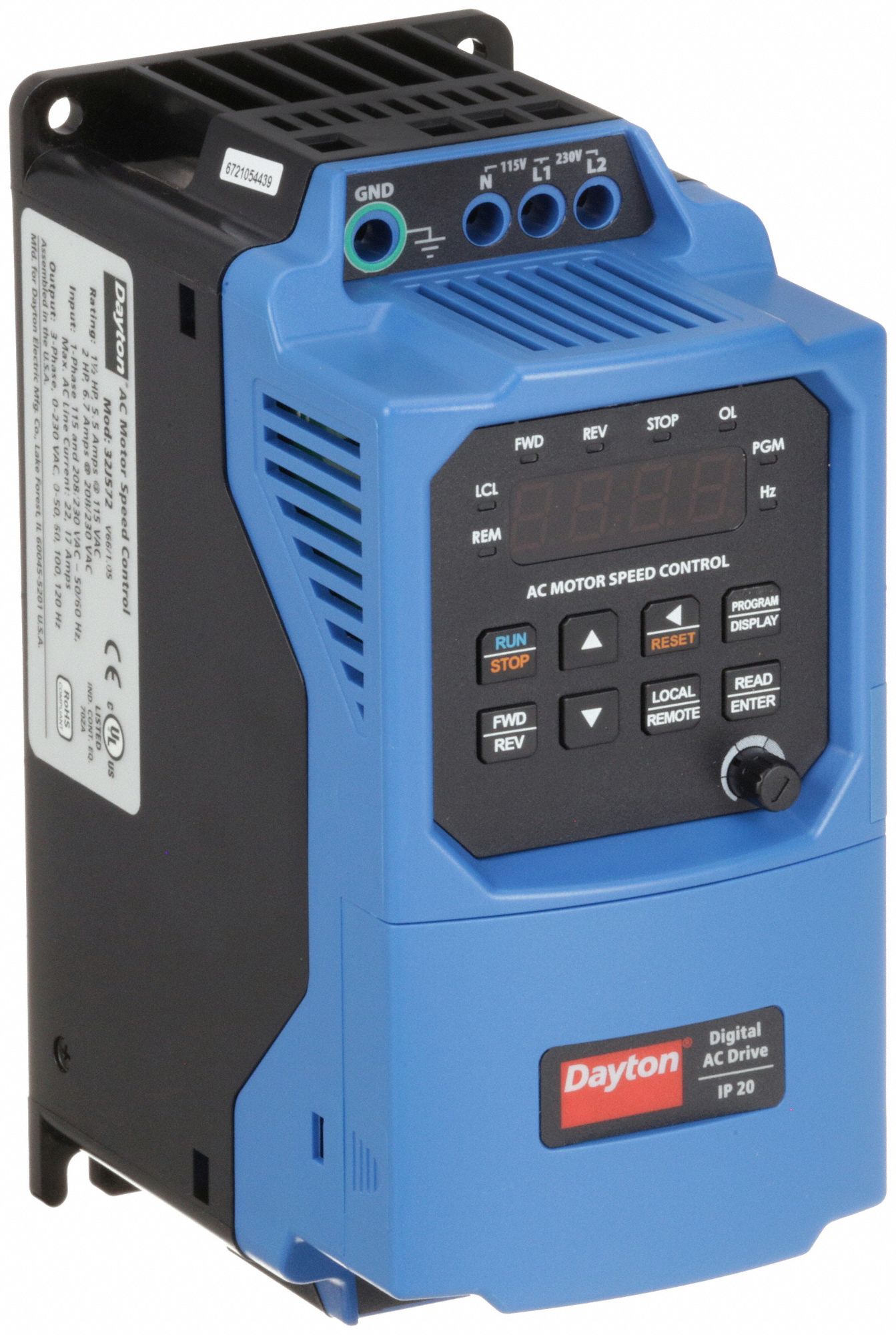 DAYTON Variable Frequency Drive: 115/230V AC, 2 hp Max Output Power, 6.7 A  Max Output Current, IP20