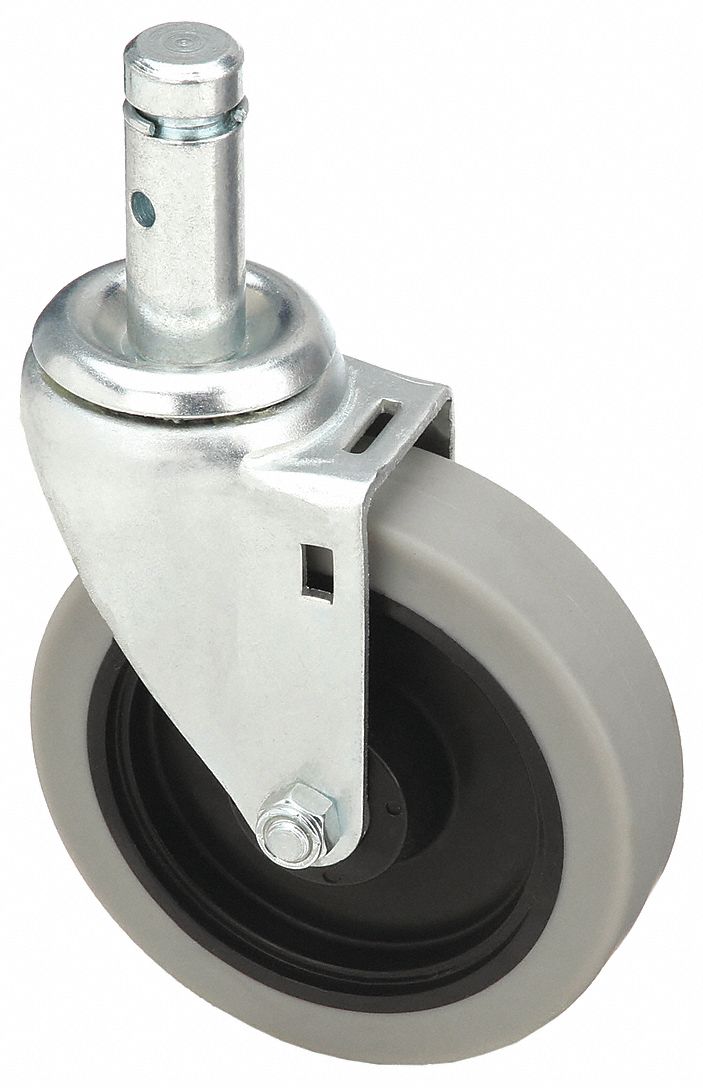 Stem Caster: Swivel, No Brake, 5 in Wheel Dia., 1 1/4 in Wheel Wd, Rubber, Plastic