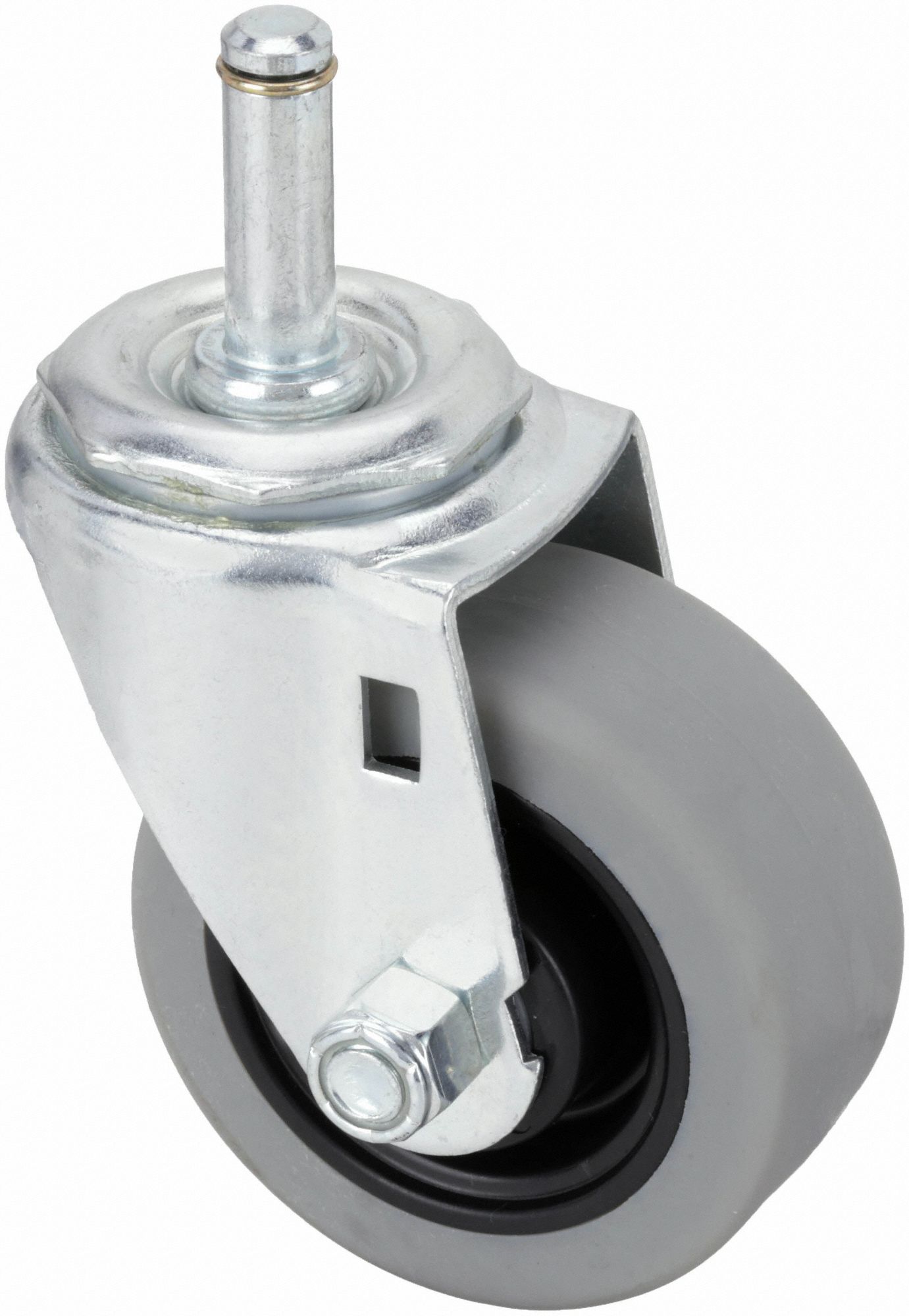 Stem Caster: Swivel, No Brake, 3 in Wheel Dia., 1 1/4 in Wheel Wd, Rubber, Plastic